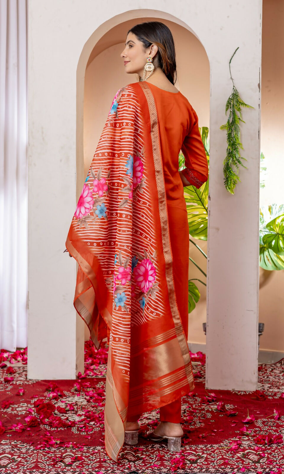 Teeya Creation Womens Orange Embroidered Kurta Pant Set