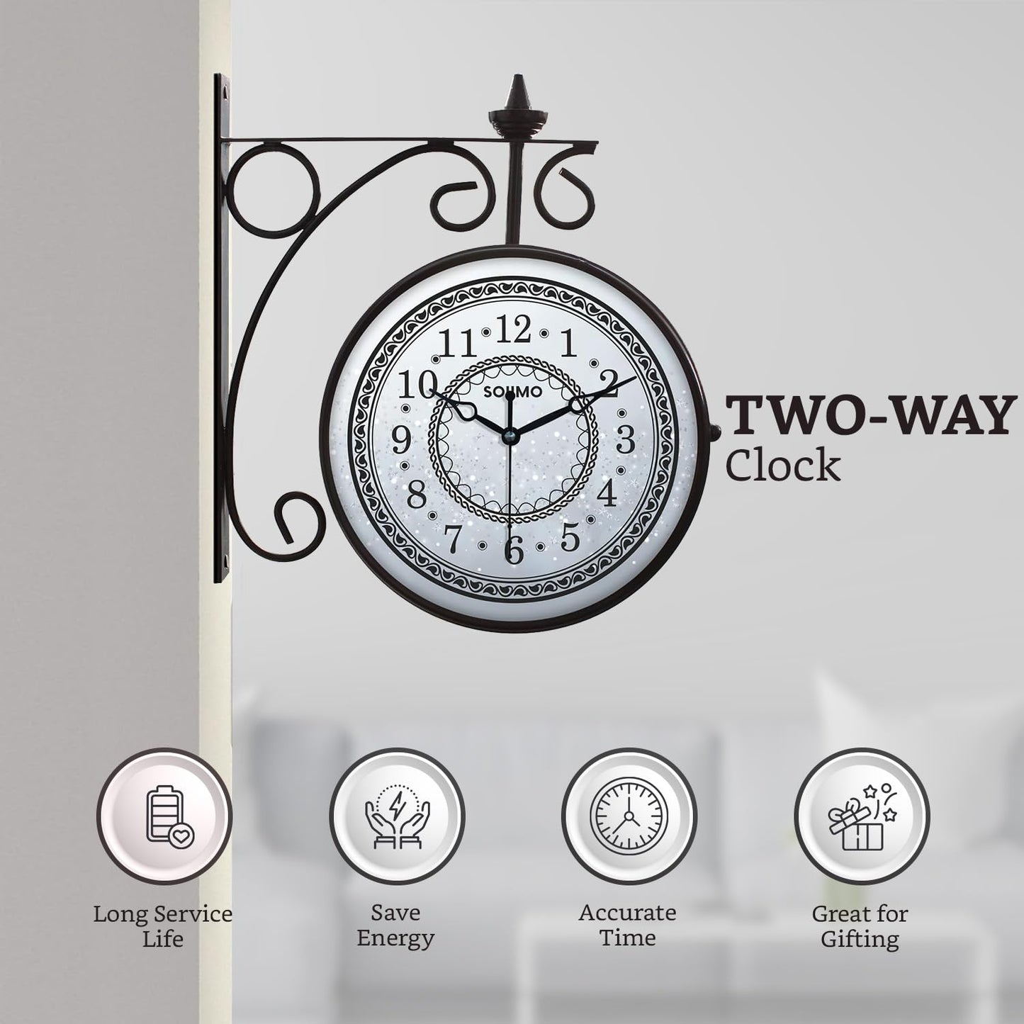 Double Sided Vintage Wall Clock, 8 Inch, Black Metal, Analog, Battery Powered