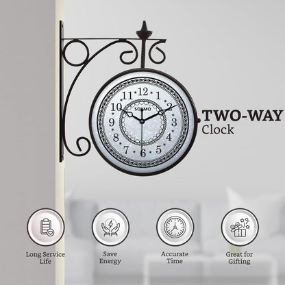 Double Sided Vintage Wall Clock, 8 Inch, Black Metal, Analog, Battery Powered