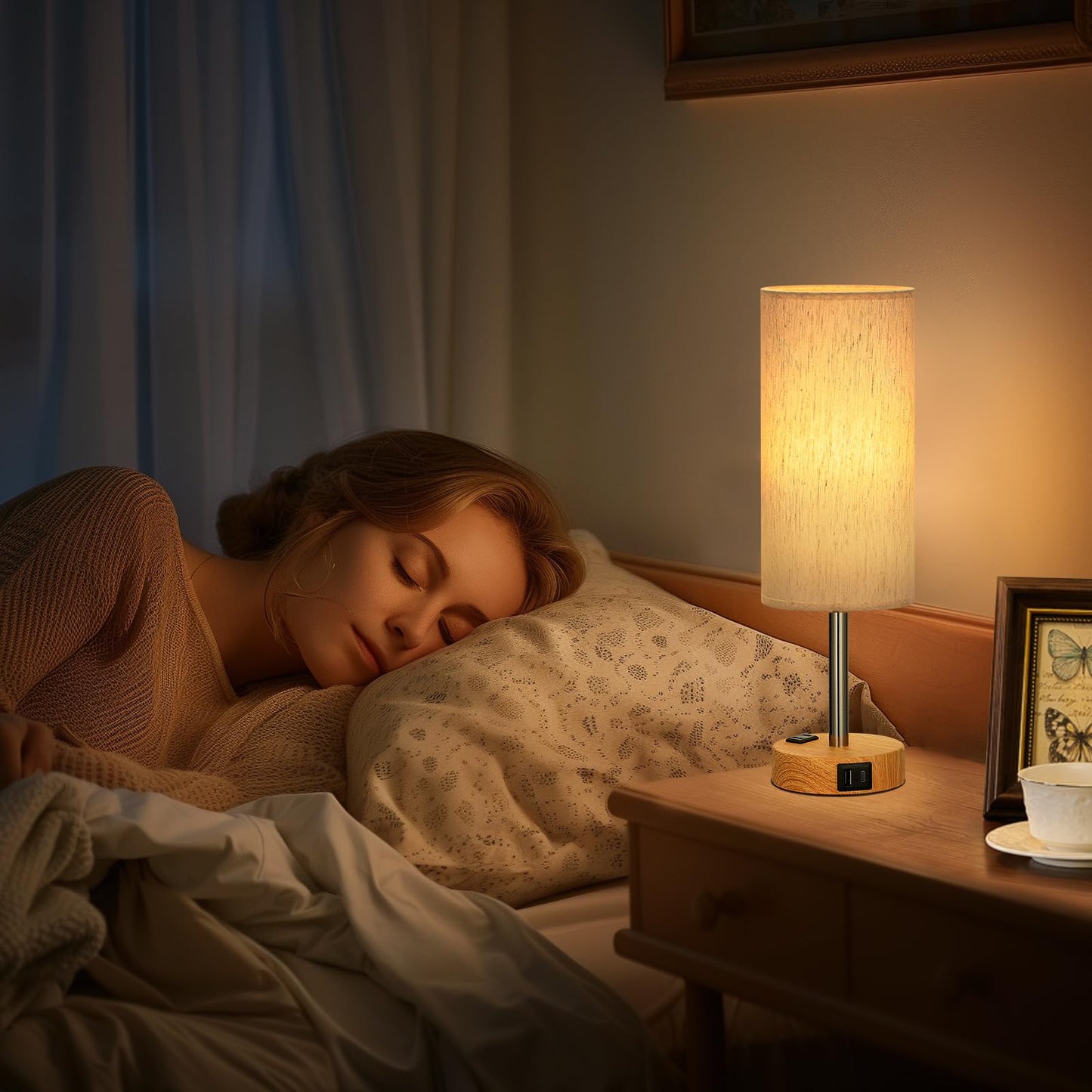 Table Lamp with Touch Control & USB Ports, Wood Base, Flaxen Fabric Shade, LED Bulb Included