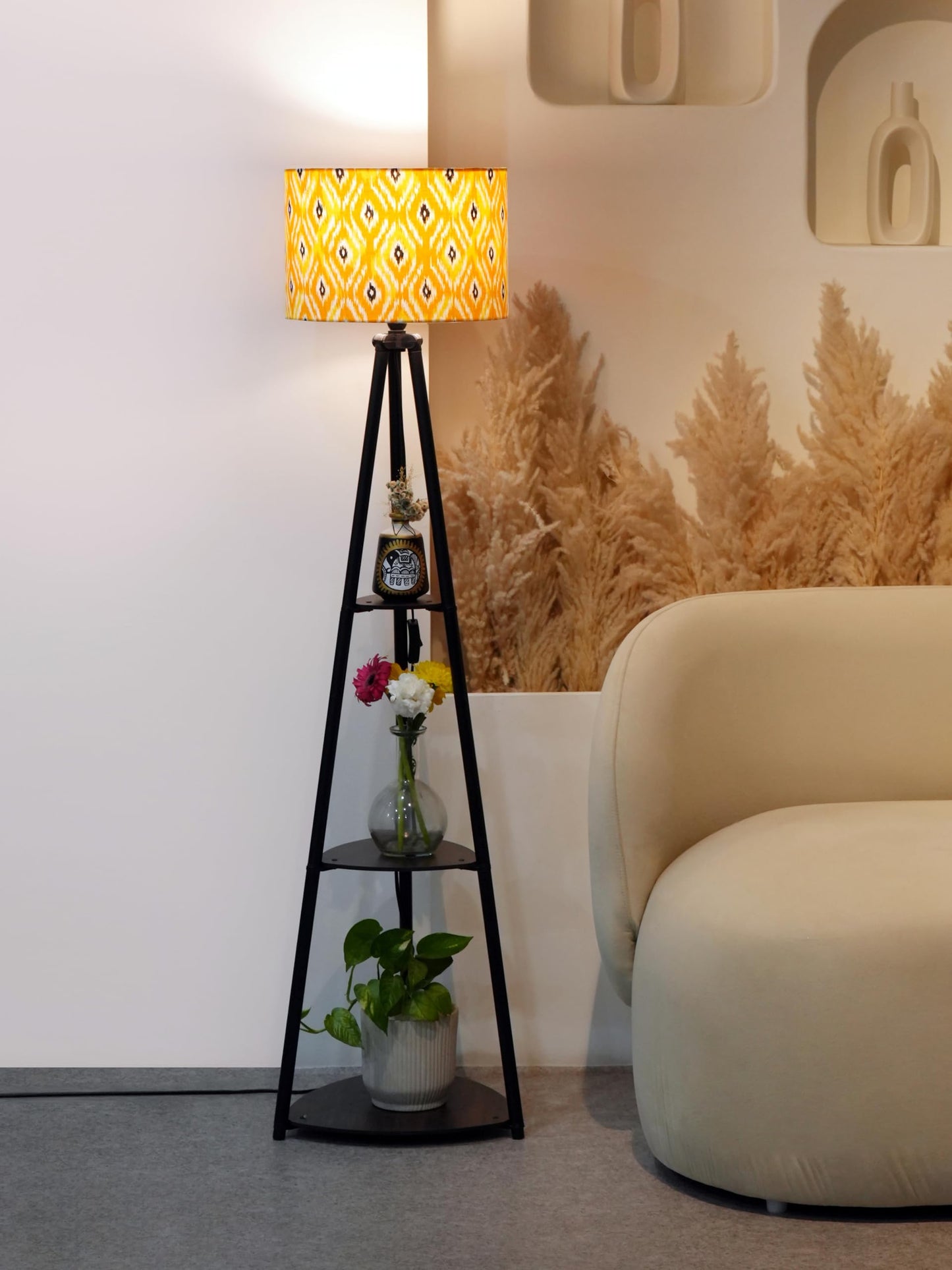 Floor Lamp with Integrated Shelving, Black Metal, LED Bulb Included, 3 Shelves