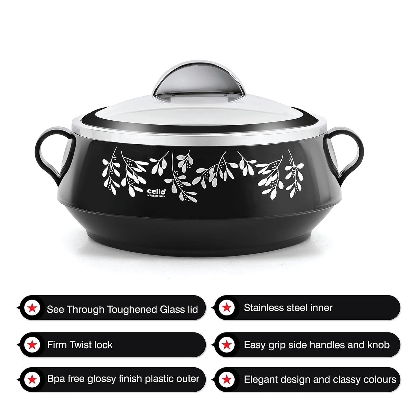 CELLO Glitter Casserole with Inner Steel 3 Unit, Black