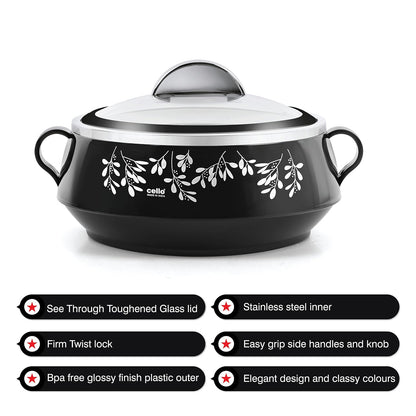CELLO Glitter Casserole with Inner Steel 3 Unit, Black