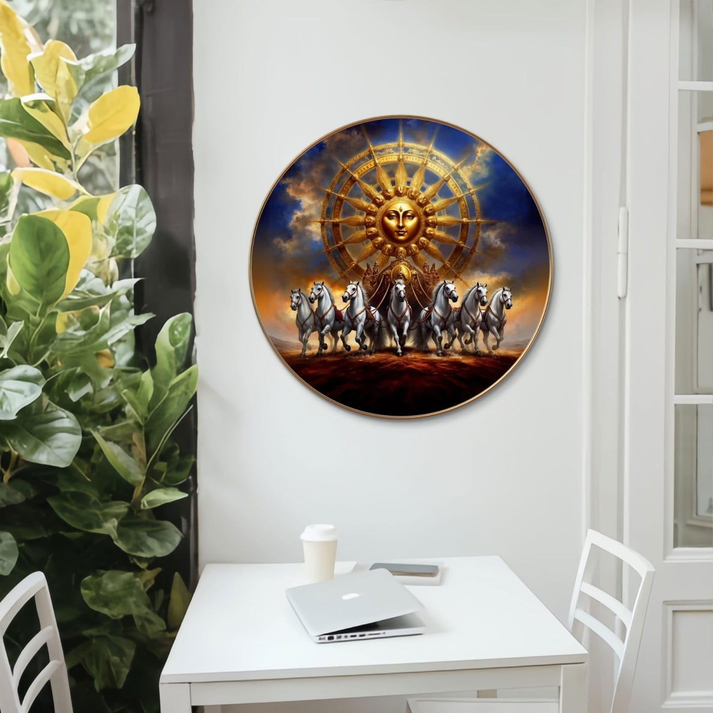 Canvas Wall Painting with Round Golden Frame - Surya Dev & 7 Running Horses - Large Size for Living Room, Bedroom