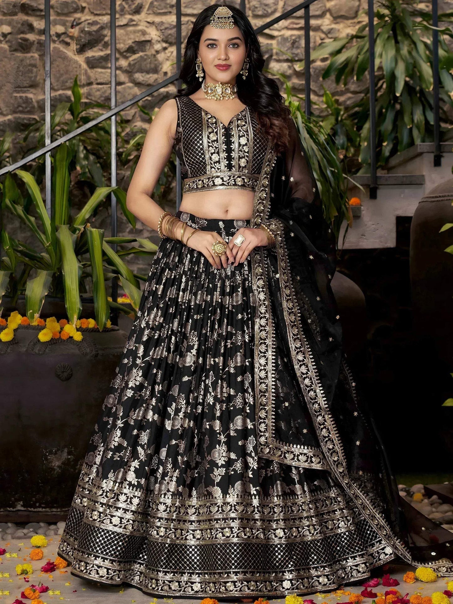 Tulsi Art Delicate Black Silk Zari Embroidered Lehenga Choli With Dupatta