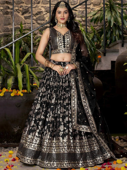 Tulsi Art Delicate Black Silk Zari Embroidered Lehenga Choli With Dupatta
