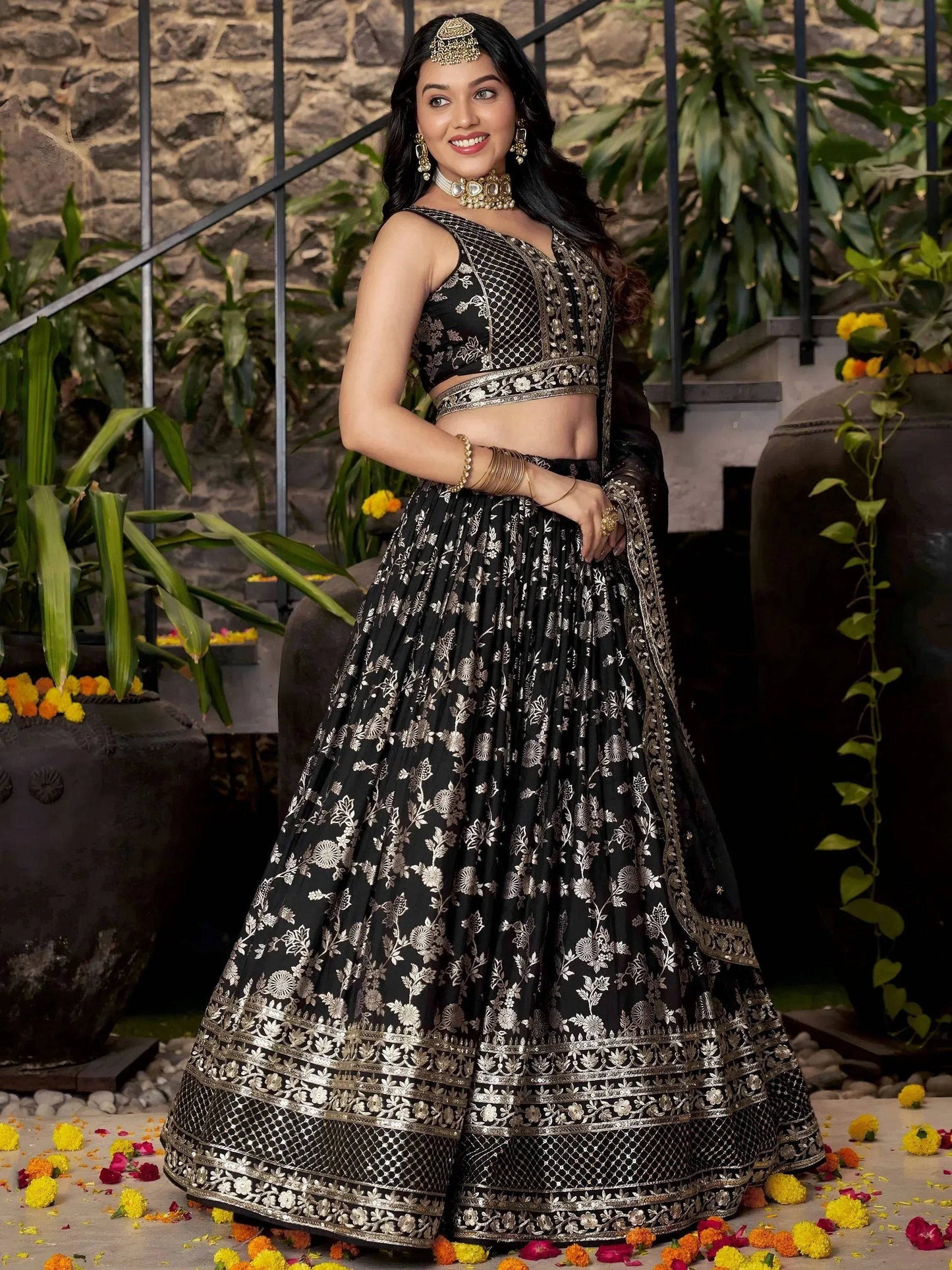 Tulsi Art Delicate Black Silk Zari Embroidered Lehenga Choli With Dupatta