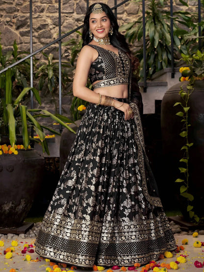 Tulsi Art Delicate Black Silk Zari Embroidered Lehenga Choli With Dupatta