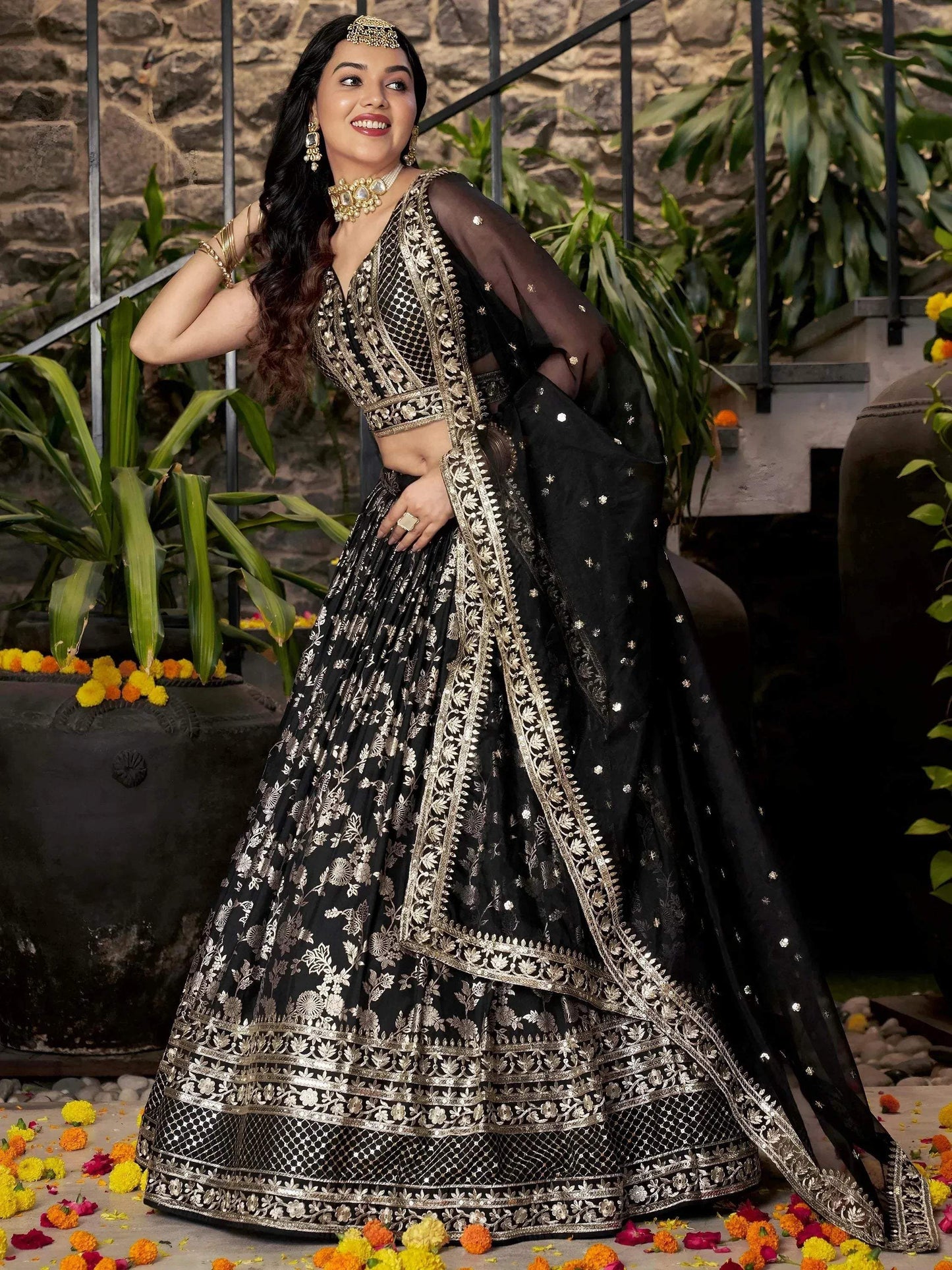 Tulsi Art Delicate Black Silk Zari Embroidered Lehenga Choli With Dupatta