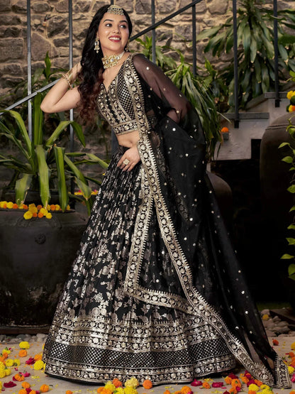 Tulsi Art Delicate Black Silk Zari Embroidered Lehenga Choli With Dupatta