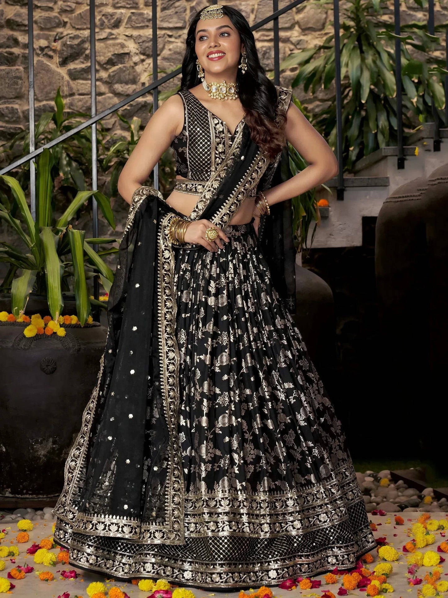 Tulsi Art Delicate Black Silk Zari Embroidered Lehenga Choli With Dupatta