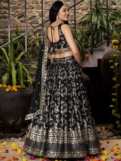 Tulsi Art Delicate Black Silk Zari Embroidered Lehenga Choli With Dupatta