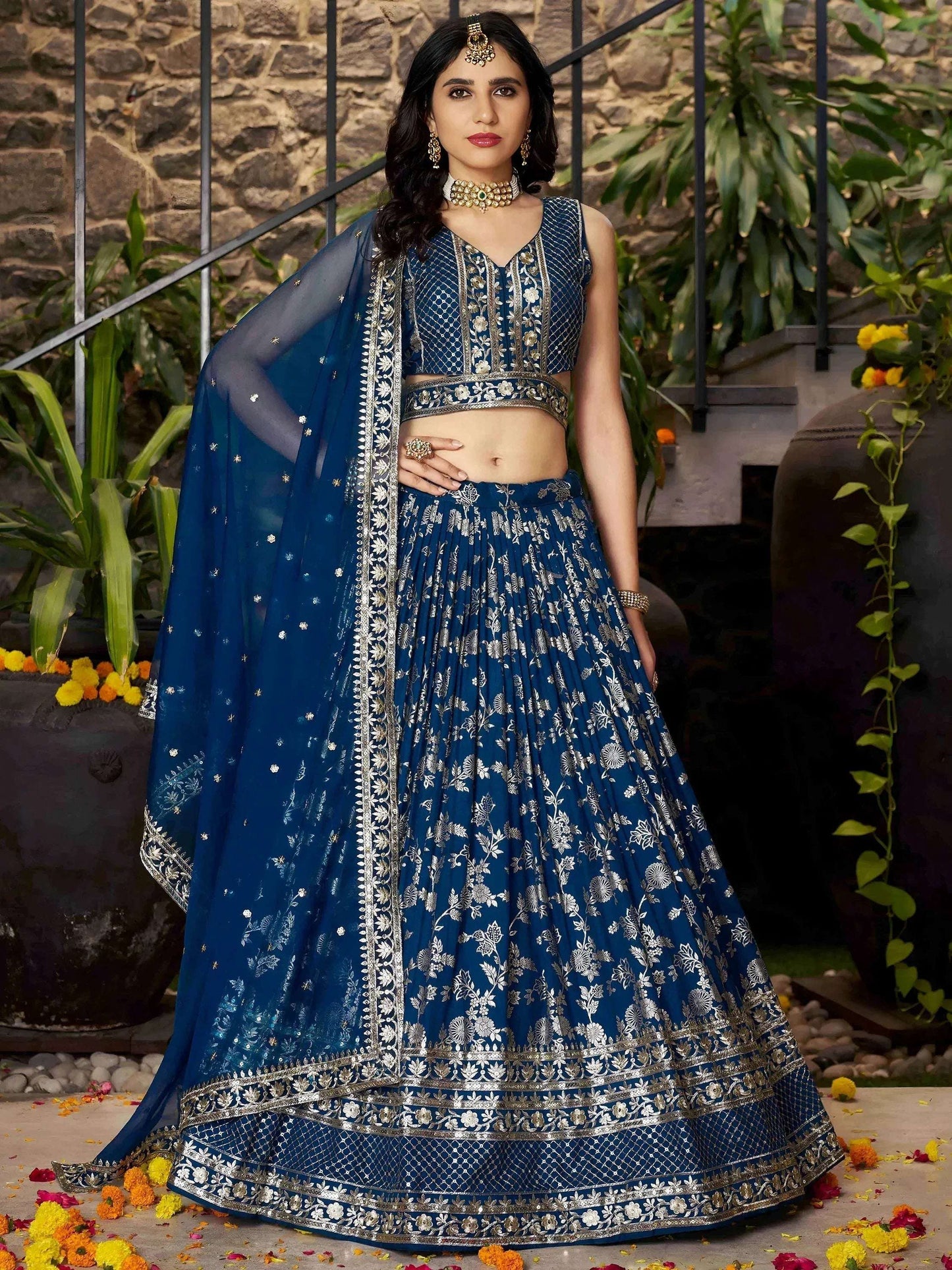 Tulsi Art Sweet Dove Blue Zari Embroidered Designer Lehenga Choli