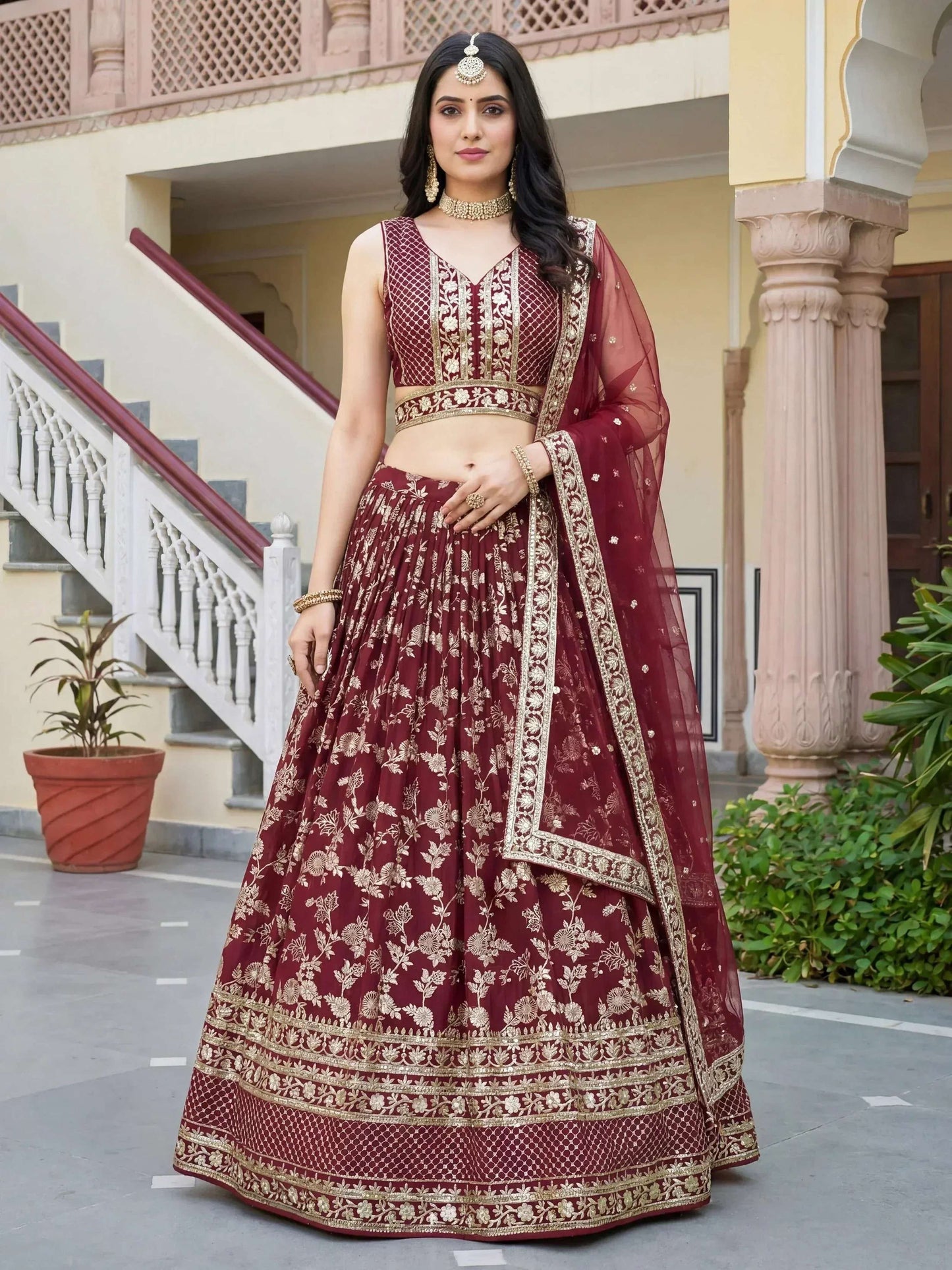 Tulsi Art Amazing Maroon Sequins Dola Silk Wedding Wear Lehenga Choli