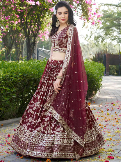 Tulsi Art Impressive Maroon Thread Work Silk Lehenga Choli With Dupatta