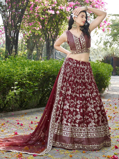 Tulsi Art Impressive Maroon Thread Work Silk Lehenga Choli With Dupatta