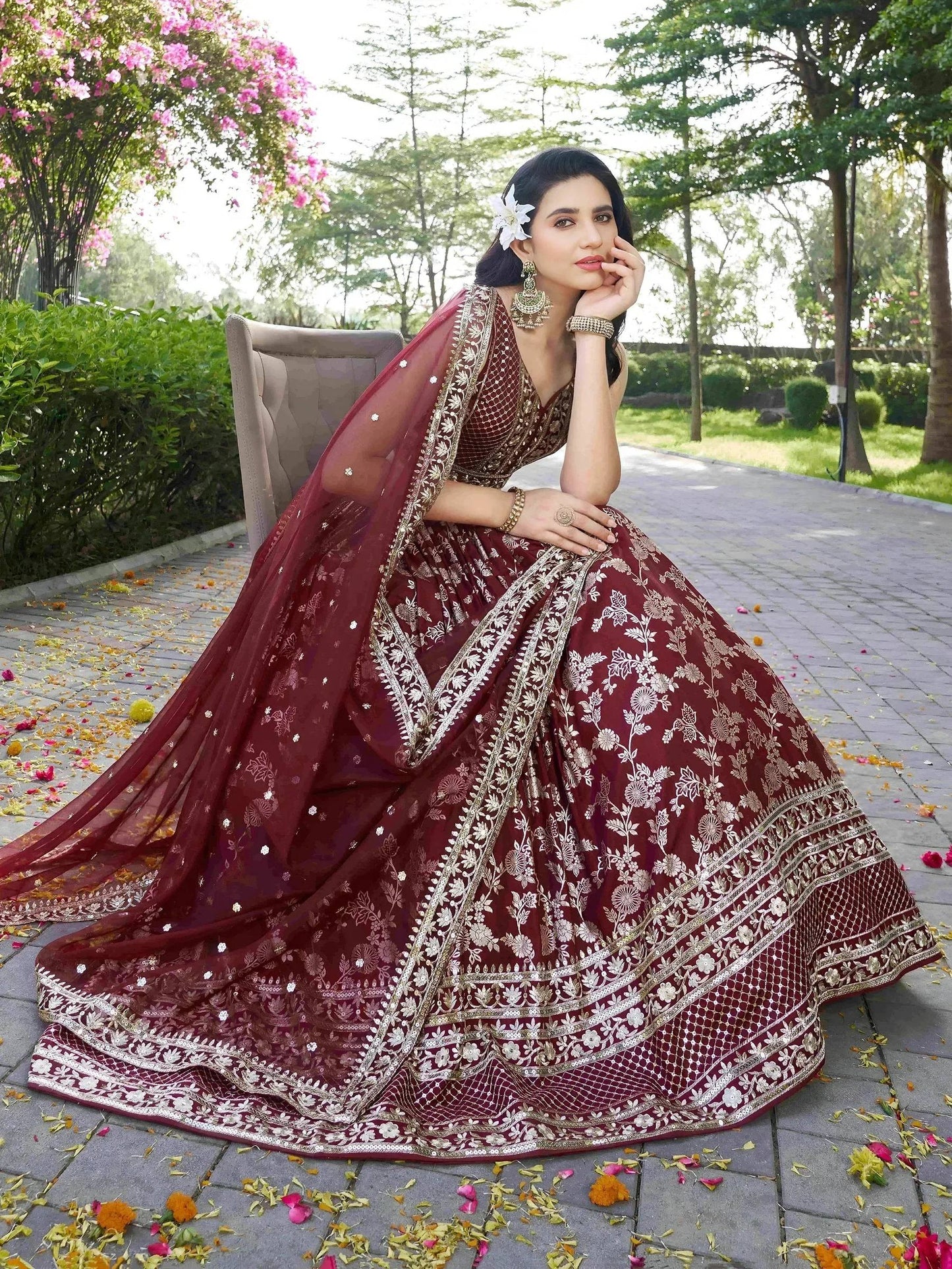 Tulsi Art Impressive Maroon Thread Work Silk Lehenga Choli With Dupatta