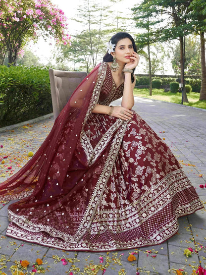 Tulsi Art Impressive Maroon Thread Work Silk Lehenga Choli With Dupatta