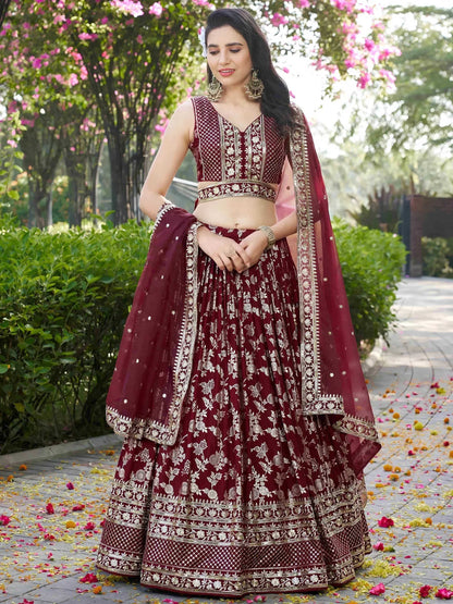 Tulsi Art Impressive Maroon Thread Work Silk Lehenga Choli With Dupatta