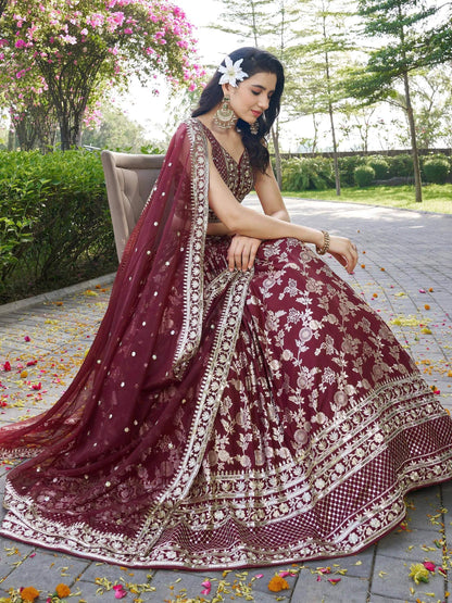 Tulsi Art Impressive Maroon Thread Work Silk Lehenga Choli With Dupatta