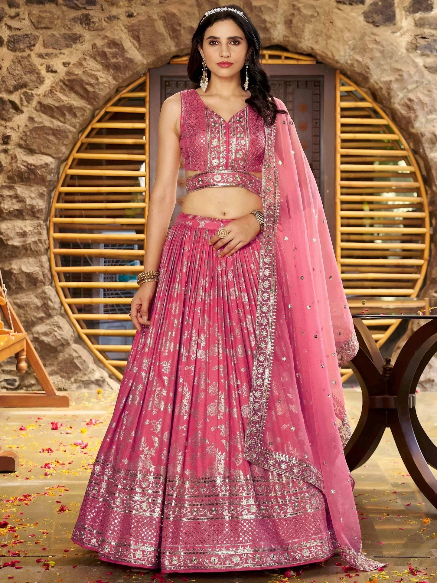 Tulsi Art Striking Peach Silk Reception Wear Lehenga Choli With Dupatta