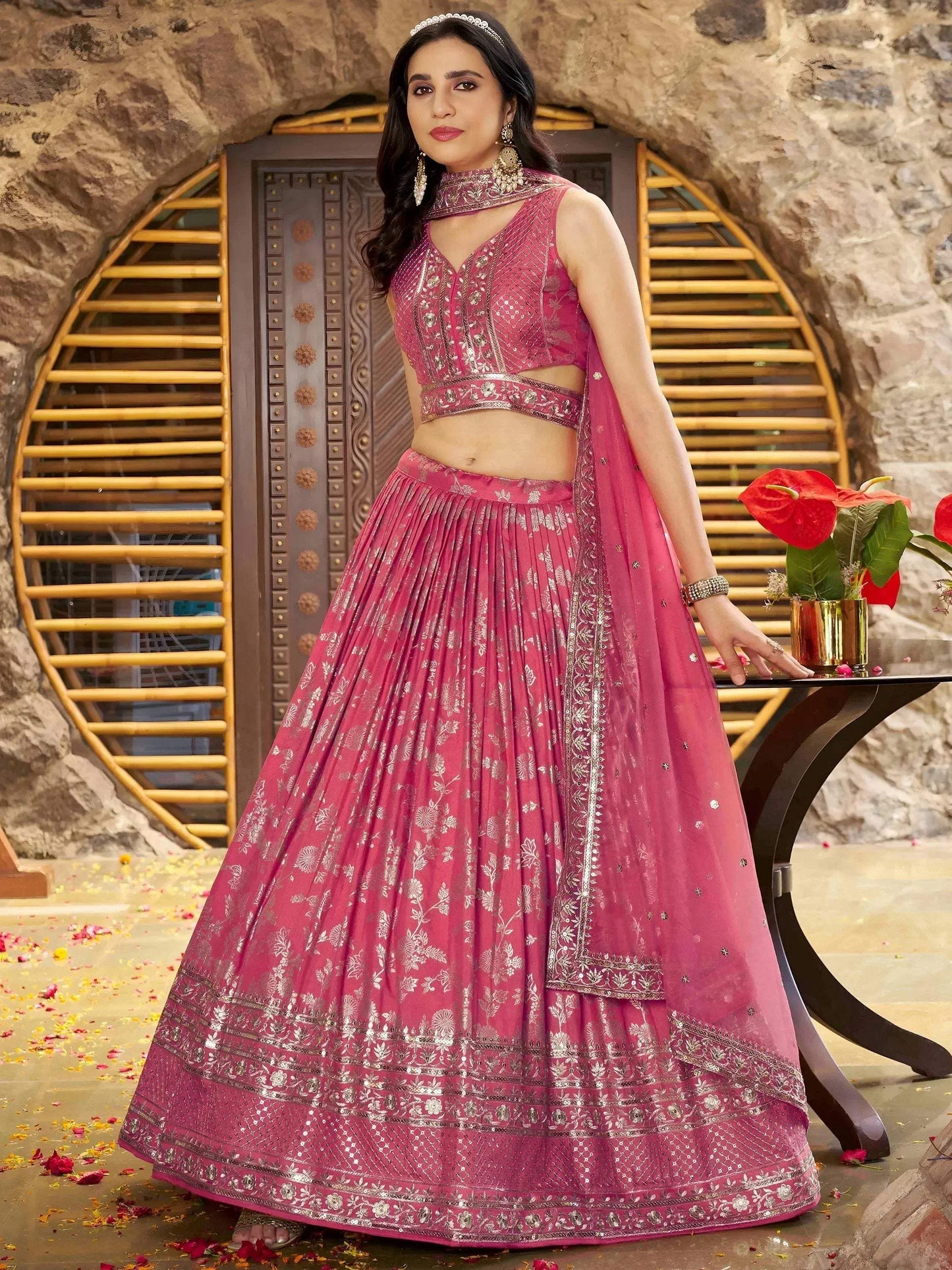 Tulsi Art Striking Peach Silk Reception Wear Lehenga Choli With Dupatta