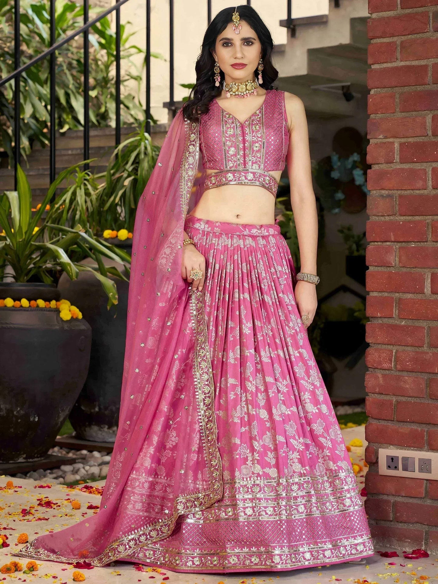 Tulsi Art Bold Pink Silk Engagement Wear Lehenga Choli With Dupatta