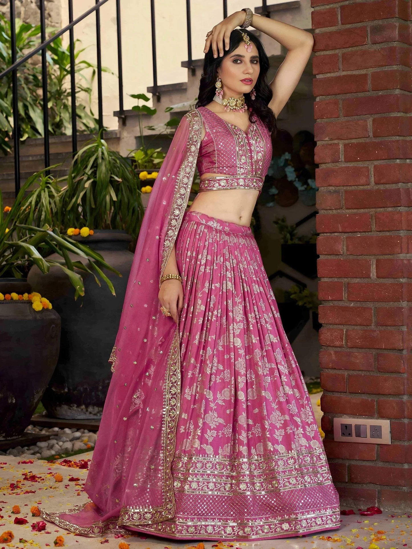 Tulsi Art Bold Pink Silk Engagement Wear Lehenga Choli With Dupatta