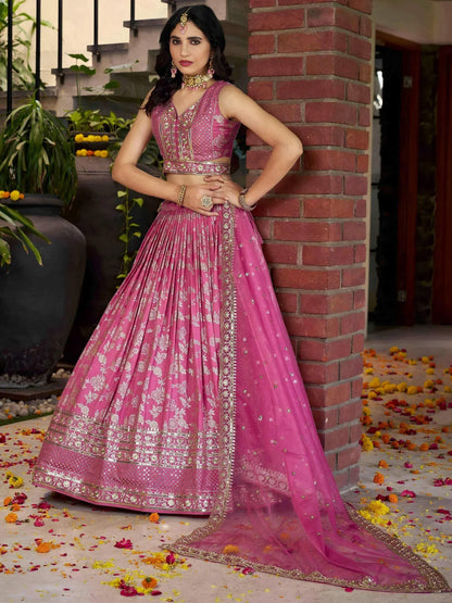 Tulsi Art Bold Pink Silk Engagement Wear Lehenga Choli With Dupatta