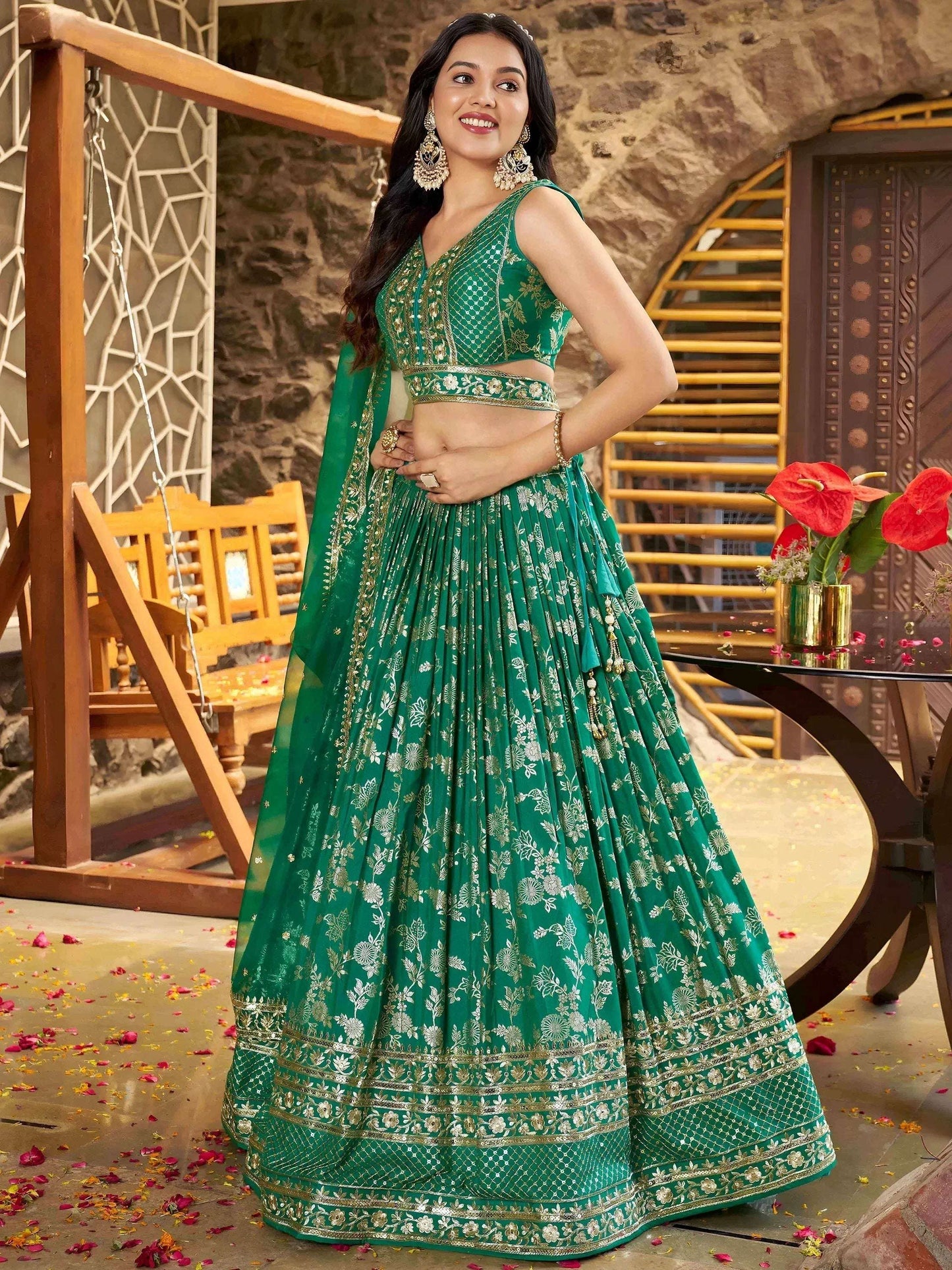 Tulsi Art Rich Rama Green Zari Embroidered Traditional Lehenga Choli