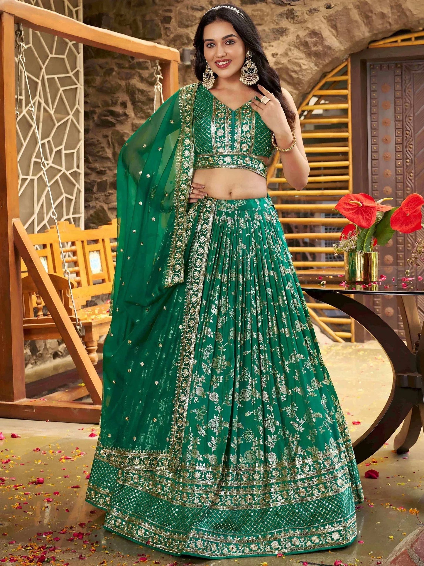 Tulsi Art Rich Rama Green Zari Embroidered Traditional Lehenga Choli