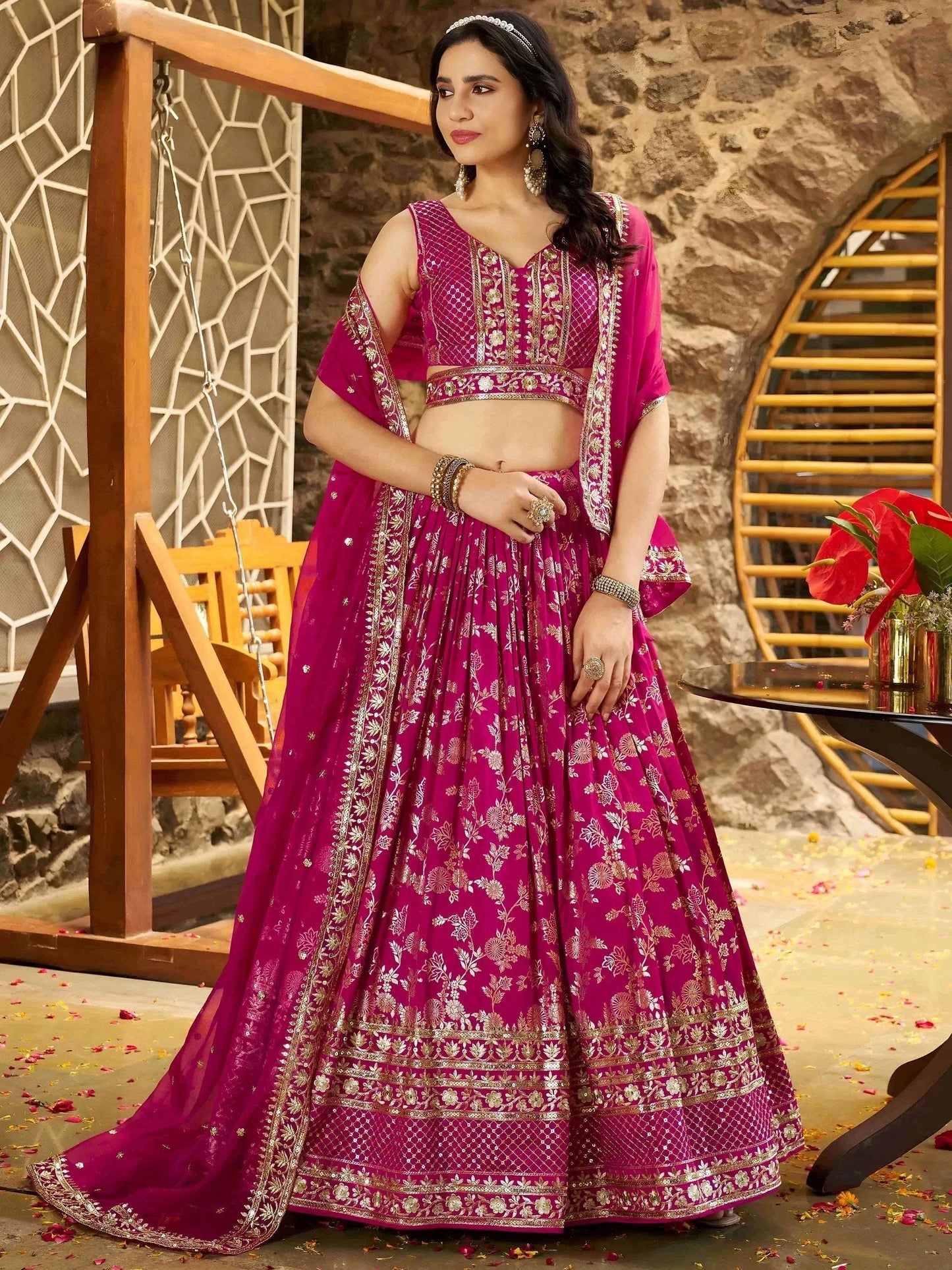 Tulsi Art Captivating Rani Pink Thread Embroidery Wedding Wear Lehenga Choli
