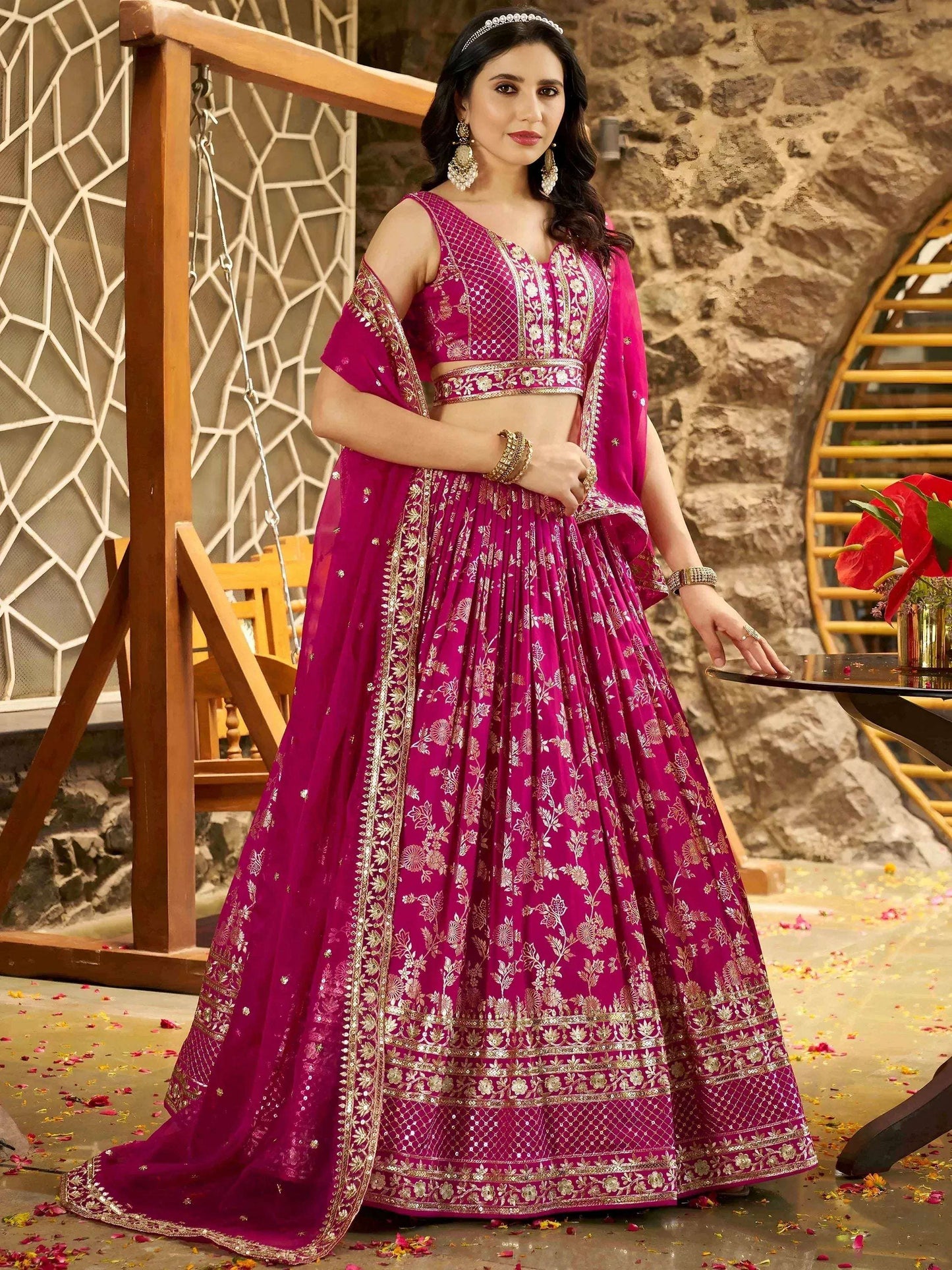 Tulsi Art Captivating Rani Pink Thread Embroidery Wedding Wear Lehenga Choli