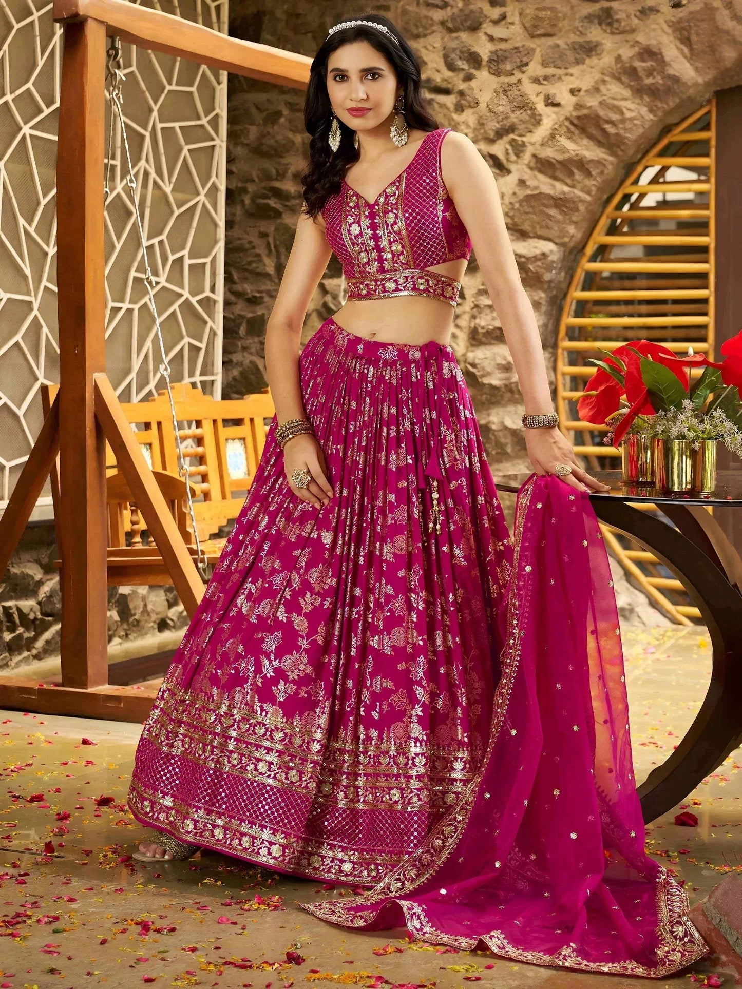 Tulsi Art Captivating Rani Pink Thread Embroidery Wedding Wear Lehenga Choli
