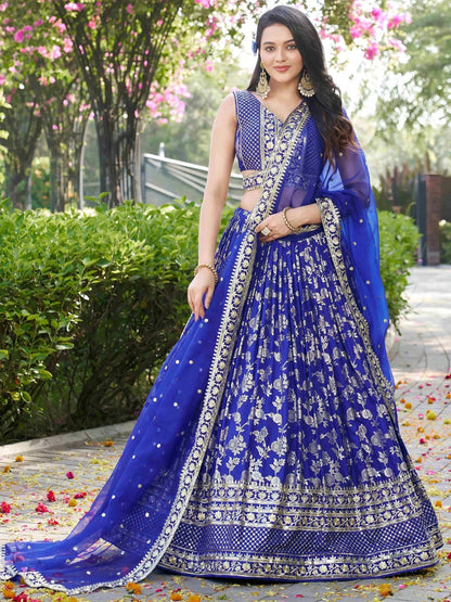 Tulsi Art Luxurious Blue Embroidered Zari Silk Lehenga Choli With Dupatta