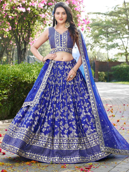Tulsi Art Luxurious Blue Embroidered Zari Silk Lehenga Choli With Dupatta