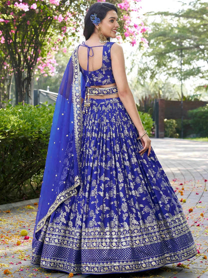 Tulsi Art Luxurious Blue Embroidered Zari Silk Lehenga Choli With Dupatta
