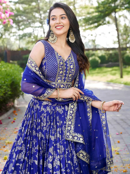 Tulsi Art Luxurious Blue Embroidered Zari Silk Lehenga Choli With Dupatta
