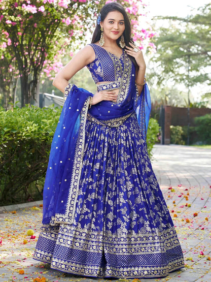 Tulsi Art Luxurious Blue Embroidered Zari Silk Lehenga Choli With Dupatta