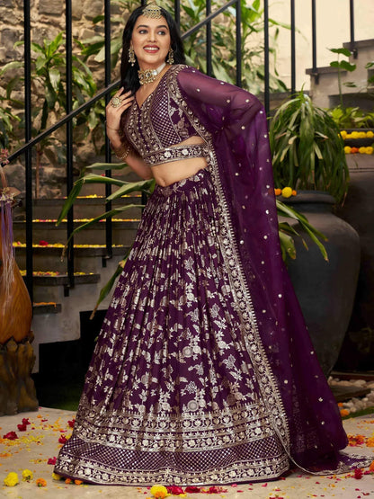 Tulsi Art Attractive Wine Silk Embroidered Bridesmaids Lehenga Choli