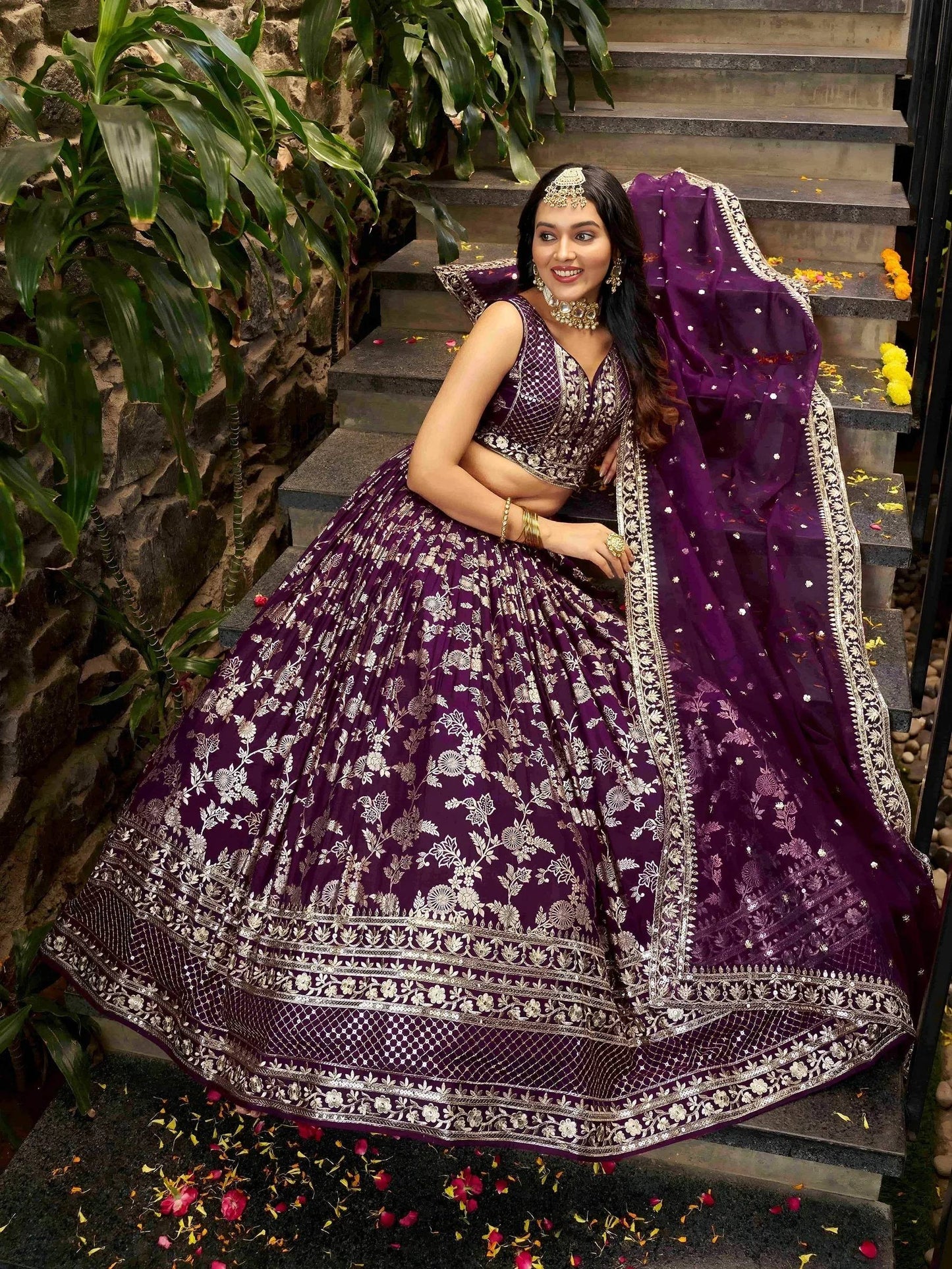 Tulsi Art Attractive Wine Silk Embroidered Bridesmaids Lehenga Choli