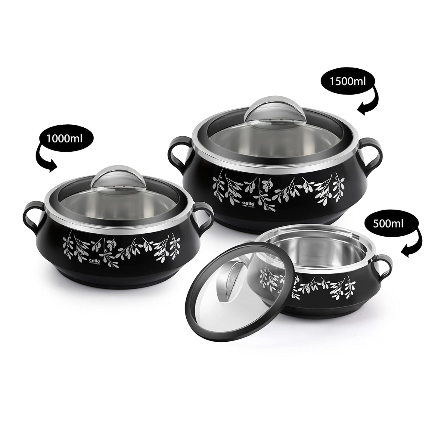 CELLO Glitter Casserole with Inner Steel 3 Unit, Black