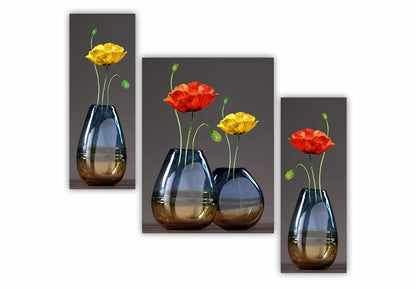 Canvas Painting Set of 3 - Red & Yellow Flower Vase Design - 45 cm x 30 cm - Modern Art for Living Room & Office