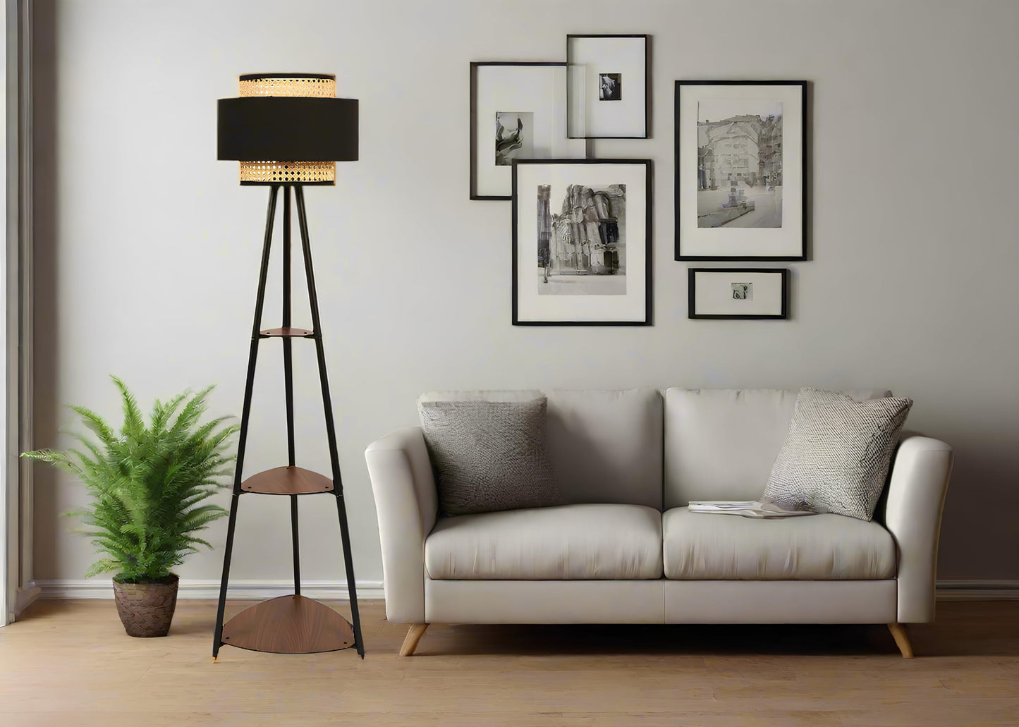 Bamboo Tripod Floor Lamp - Eco-Friendly Rattan Shade - 14x12 inch - Wooden Standing Lamp for Living Room