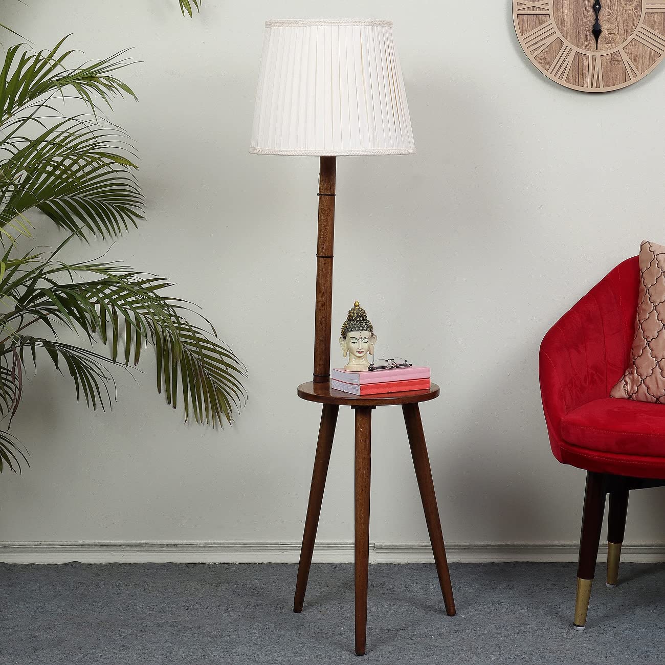Floor Lamp with Mango Wood Base & Off-White Poly Satin Shade - 132cm Height
