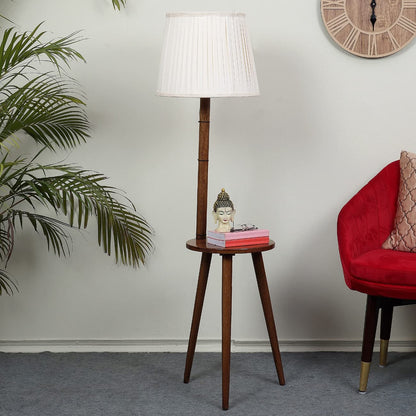 Floor Lamp with Mango Wood Base & Off-White Poly Satin Shade - 132cm Height