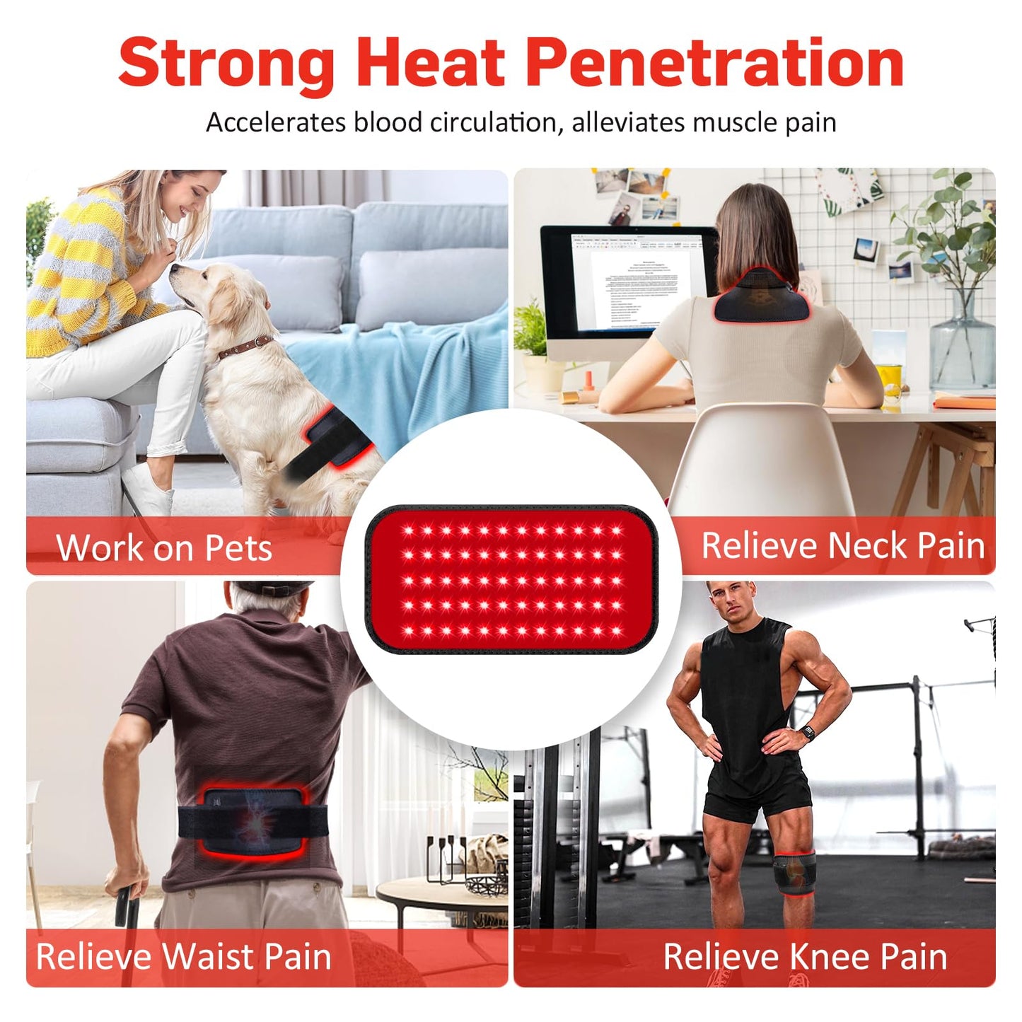 Red Light Therapy Belt with Timer, 60 LEDs, 660nm & 850nm, Wearable Wrap for Back, Waist, Neck, 5.7x12.4 inches