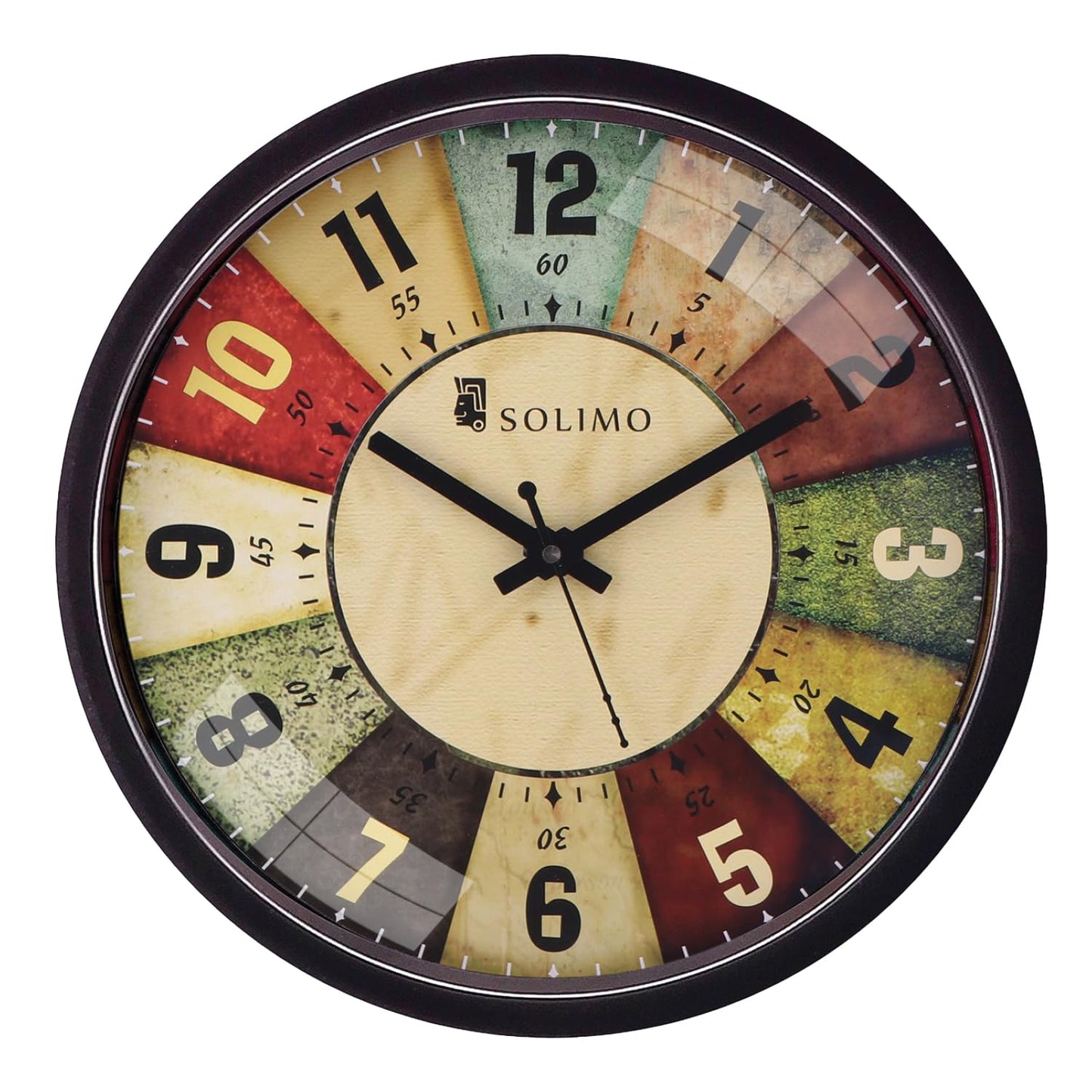 Wall Clock with Silent Movement, 12 Inch Diameter, Black Plastic Frame with Glass Face