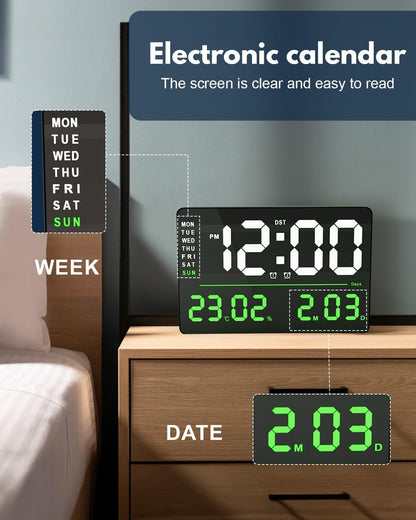 Digital Wall Clock with Remote Control, 33 x 22 x 3 cm, Automatic Brightness, Dual Alarm, Battery Backup