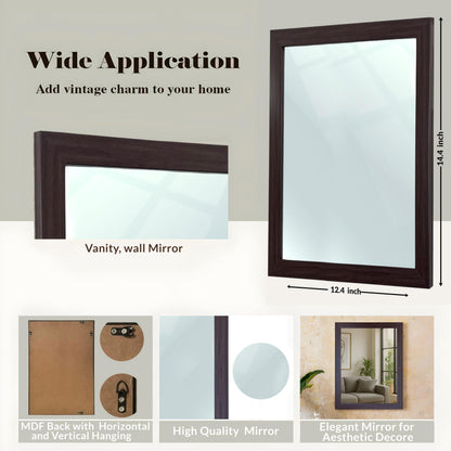 Rectangular Wall Mirror with Synthetic Wooden Frame, Brown Finish, Inner Size 10x12 in, Outer Size 12x14 in